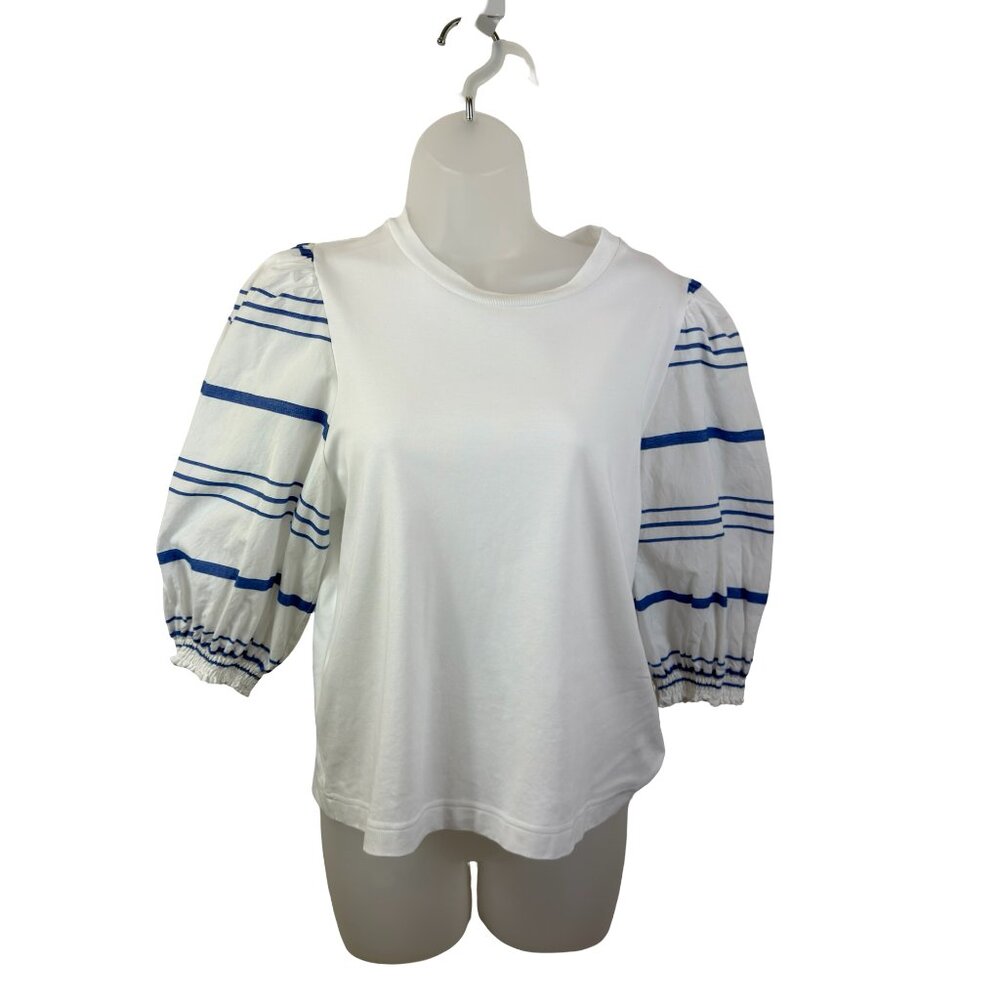 See By Chloe White Tee with Blue Stripe Puff Elastic Short Sleeve Medium